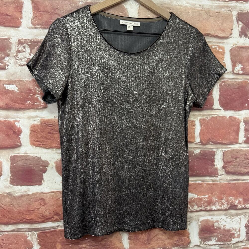 Coldwater Creek Top Shirt Women's Small Dark Gold Brown Sequin Stretchy Popover - Picture 2 of 8